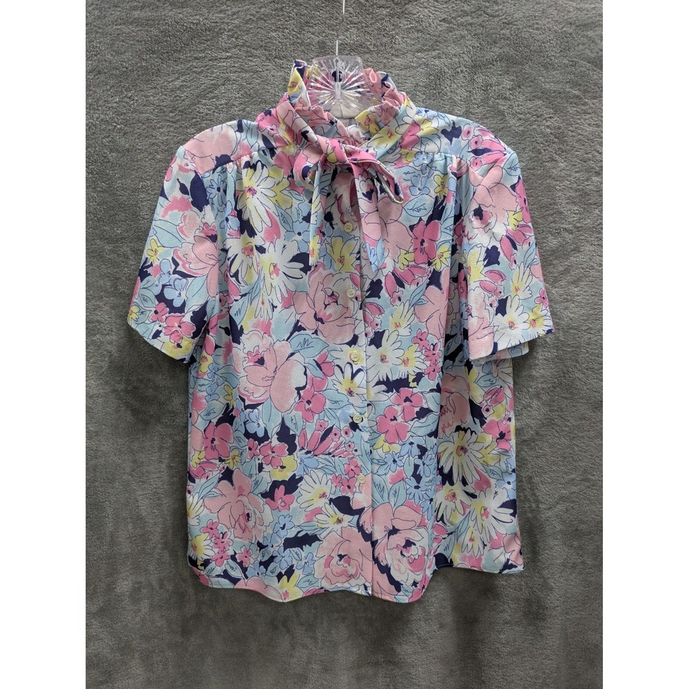 Vintage PussyBow Blouse Size 14 Floral Tie Neck Pastel 80s‎ Cottagecore Floral